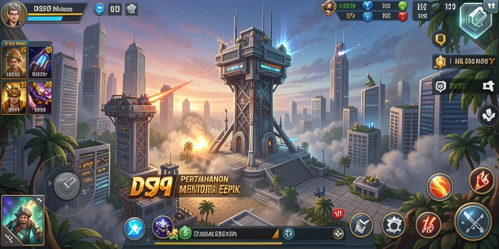 Gameplay DS99 dengan menara strategis dan serangan musuh.