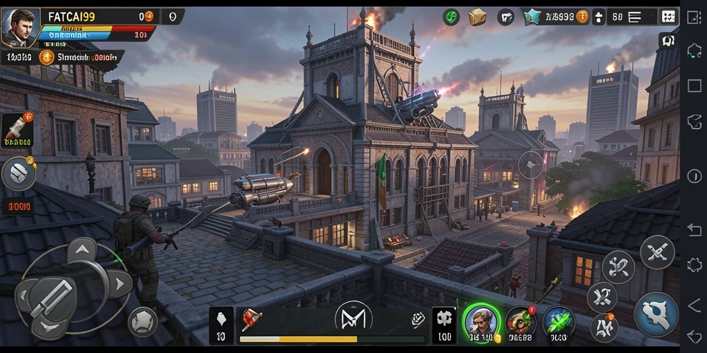 Tampilan gameplay yang mendebarkan di FATCAI99, menara bertahan melawan gelombang musuh.