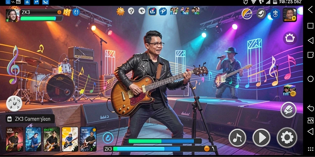 Tampilan gameplay ZK3 dengan musik interaktif yang enerjik.